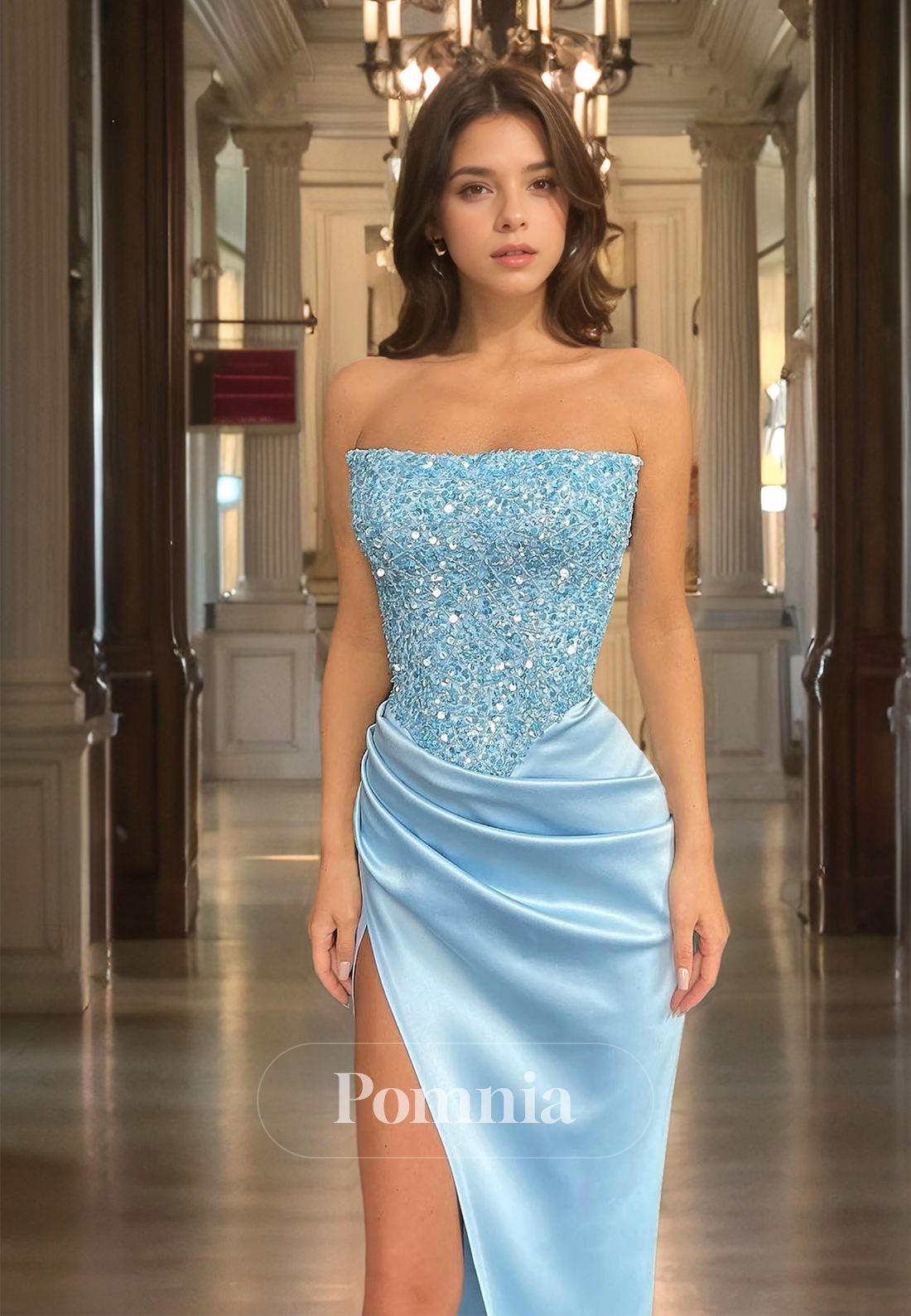 Sky Blue Strapless Sleeveless Prom Dress with Slit Ruched Beaded Evening Party Dress