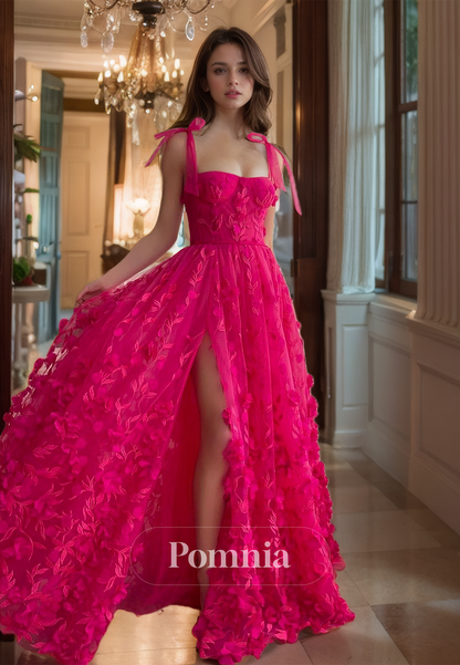 Fuchsia A-Line Spaghetti Straps Prom Dress with Slit Appliques Evening Party Dress