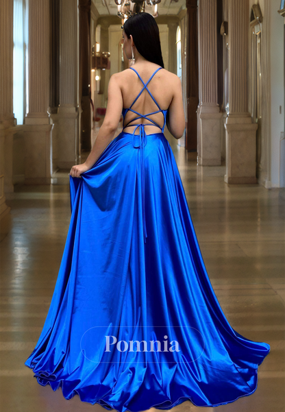 Royal Blue Spaghetti Straps Prom Dress with Slit Lace-Up Back Evening Party Dress