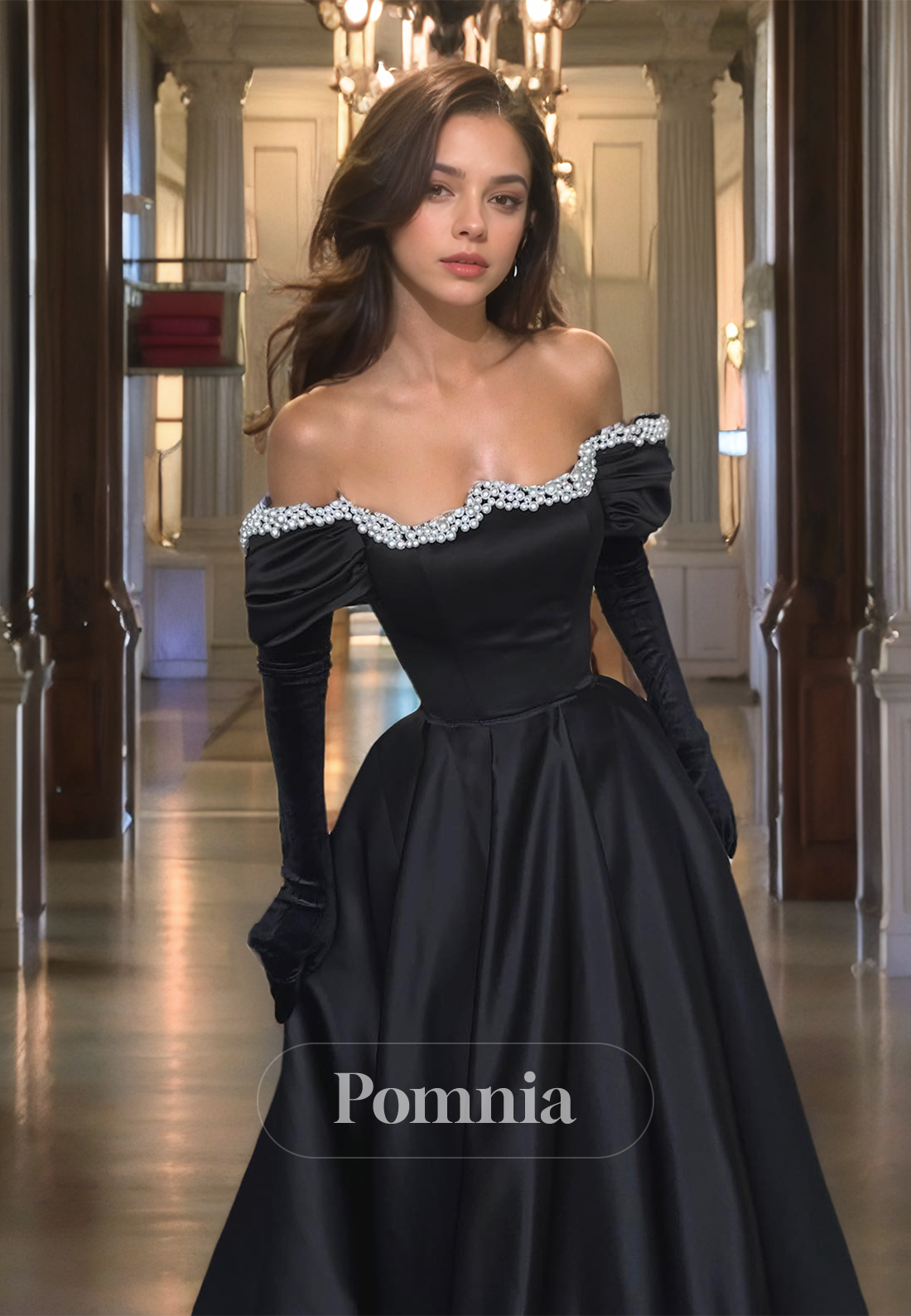 Black A-Line Long Sleeves Evening Dress with Beads Off-Shoulder Prom Party Dress