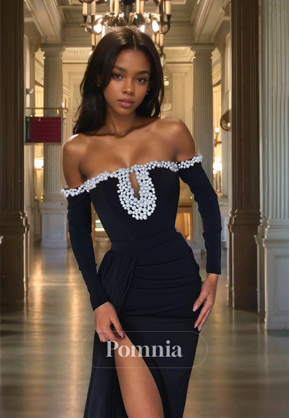 Black Long Sleeves Off-Shoulder Prom Dress with Slit Beads Evening Party Dress