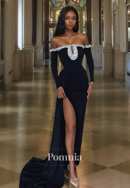 Black Long Sleeves Off-Shoulder Prom Dress with Slit Beads Evening Party Dress