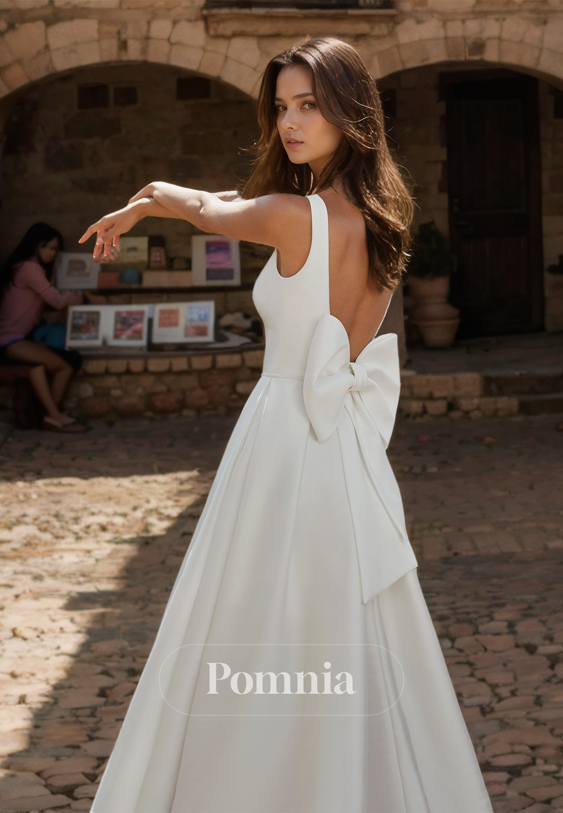 Simple A-Line Spaghetti Straps Square Side Slit Bowknot Satin Wedding Dress