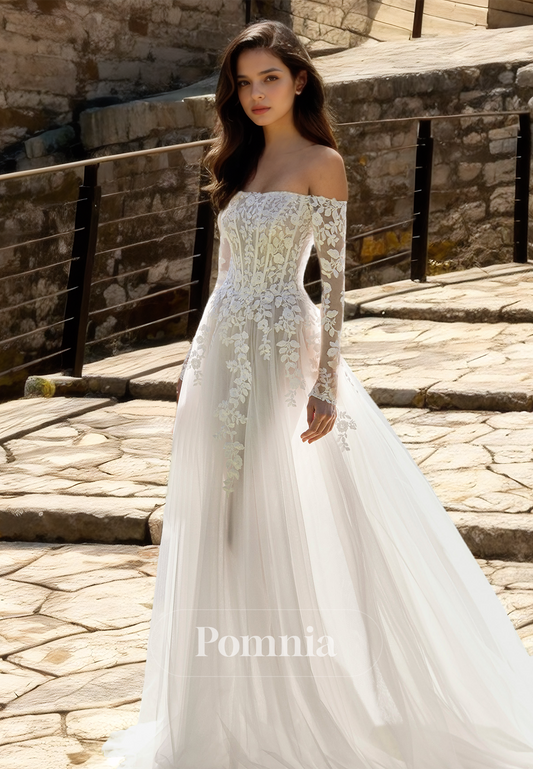 Off-Shoulder Long Sleeves Court Train Appliques Lace Wedding Dress