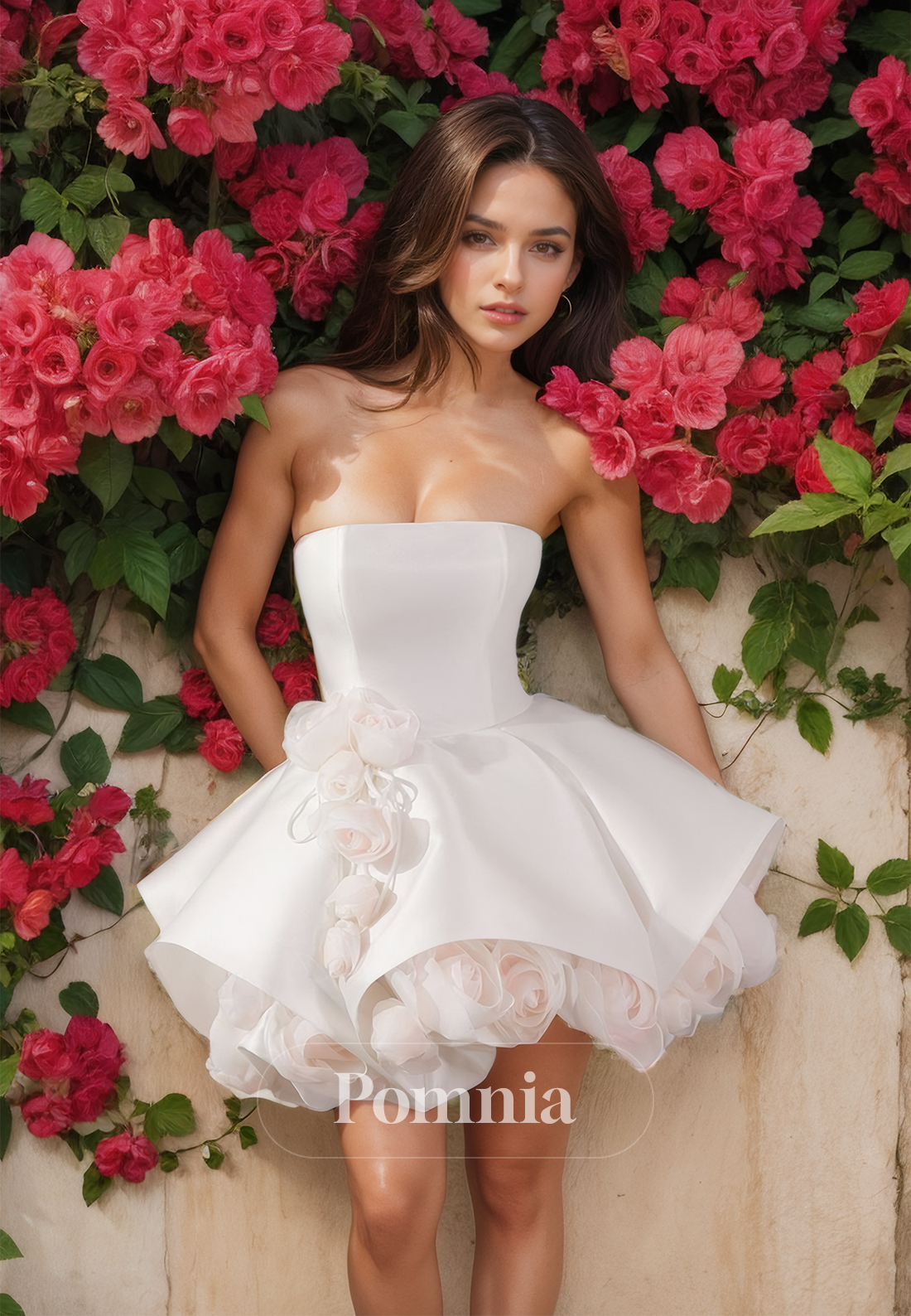 A-Line Strapless Sleeveless Empire-Waist Floral Short Satin Wedding Dress