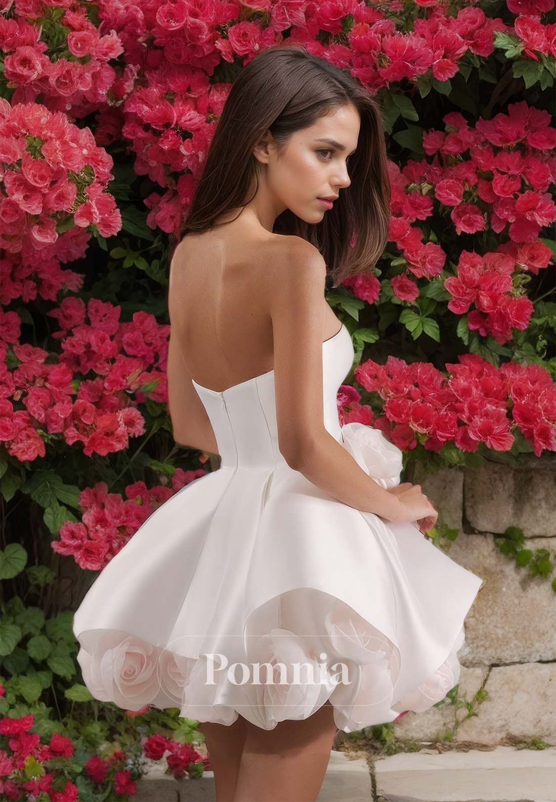 A-Line Strapless Sleeveless Empire-Waist Floral Short Satin Wedding Dress