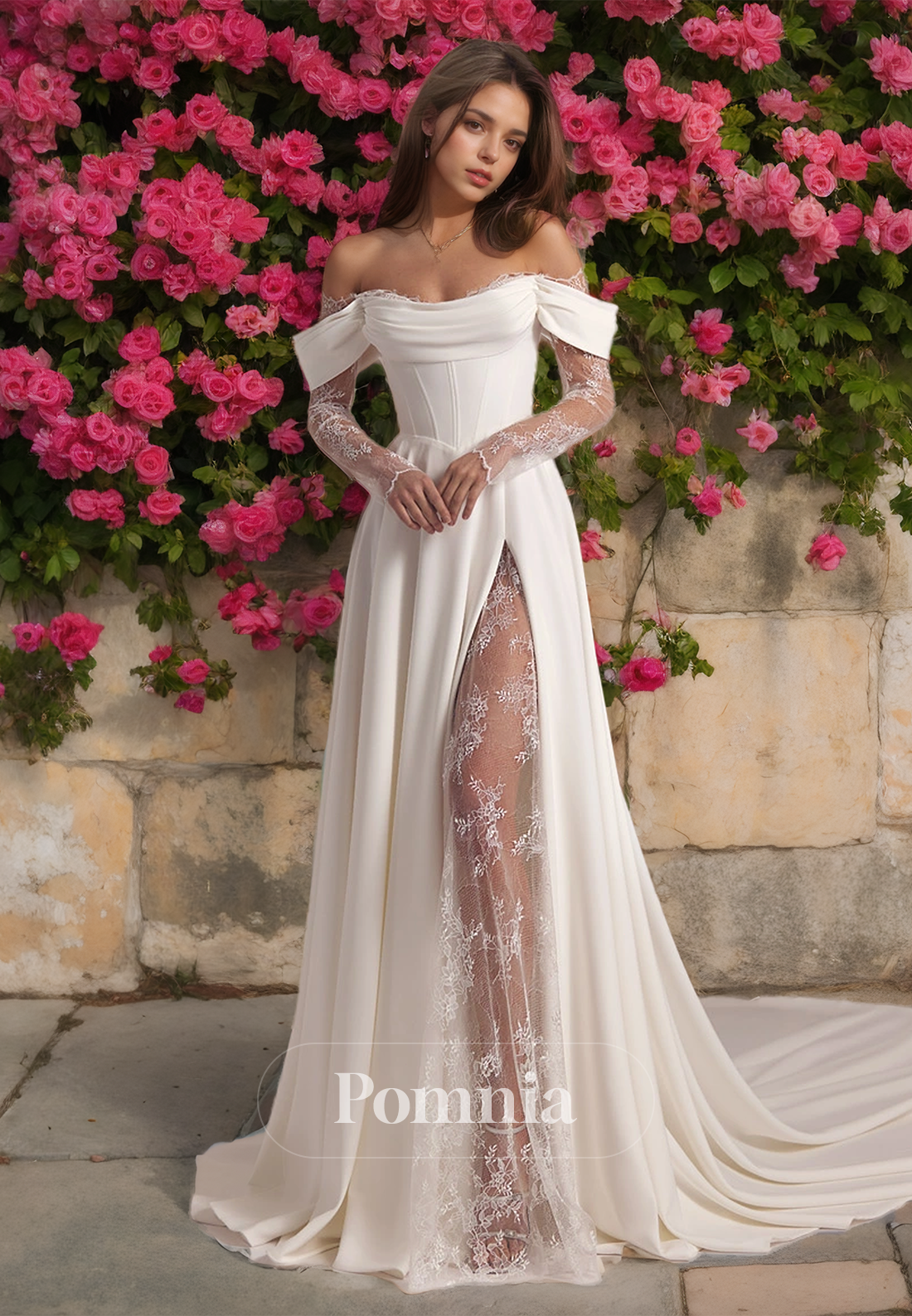 A-Line Off-Shoulder Cap Sleeves Side Slit Court Train Satin Wedding Dress