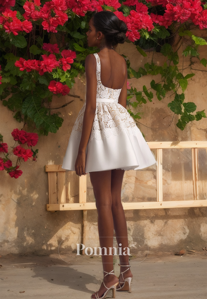 A-Line Spaghetti Straps Square Empire-Waist Short Lace Beach Wedding Dress