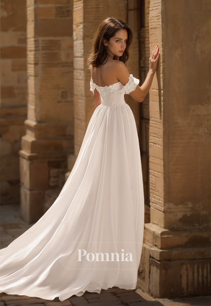 Elegant A-Line Off-Shoulder Ruched Side Slit Sweep Train Satin Wedding Dress