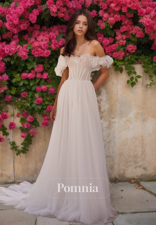 A-Line Corset Tulle Off-Shoulder Sweep Train Romantic Wedding Dress