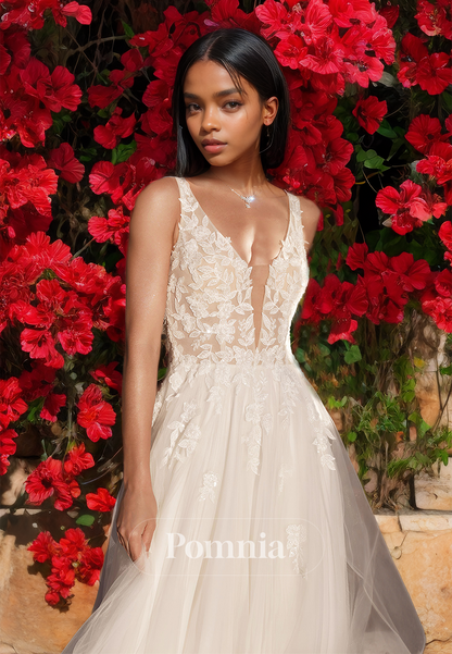 A-Line Spaghetti Straps Illusion Court Train Backless Lace Wedding Dress