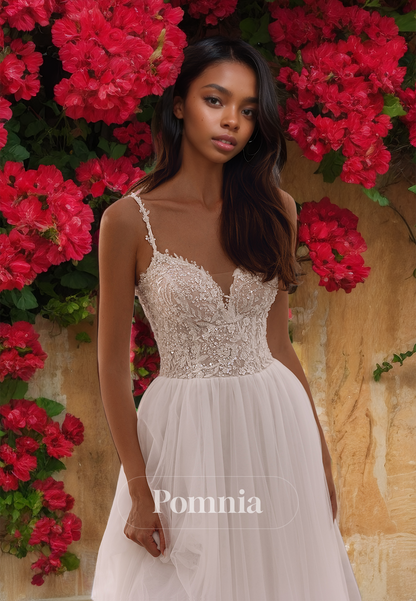 A-Line Spaghetti Straps Sweetheart Corset Tulle Lace Wedding Dress