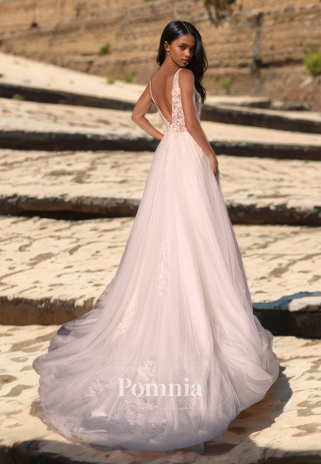 A-Line Spaghetti Straps Illusion Court Train Backless Lace Wedding Dress