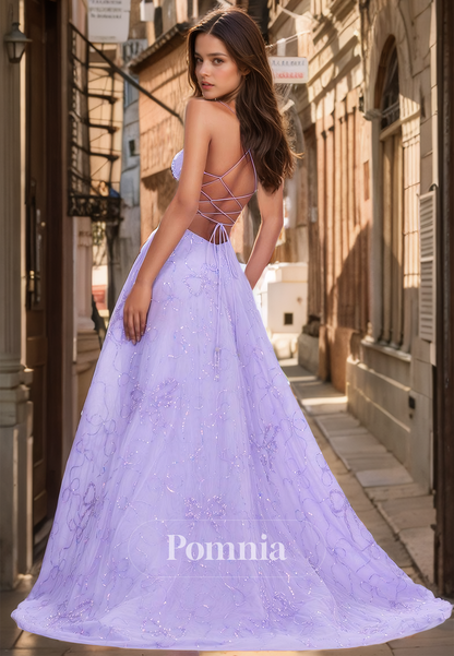 A-Line Spaghetti Straps V-Neck Evening Dress with Appliques Lace-Up Back Prom Party Dress