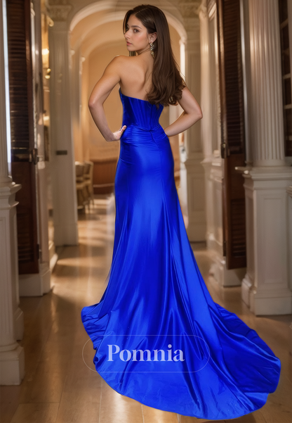 Royal Blue Sheath Strapless Prom Dress with Slit Ruched Sweep Train Evening Party Dress