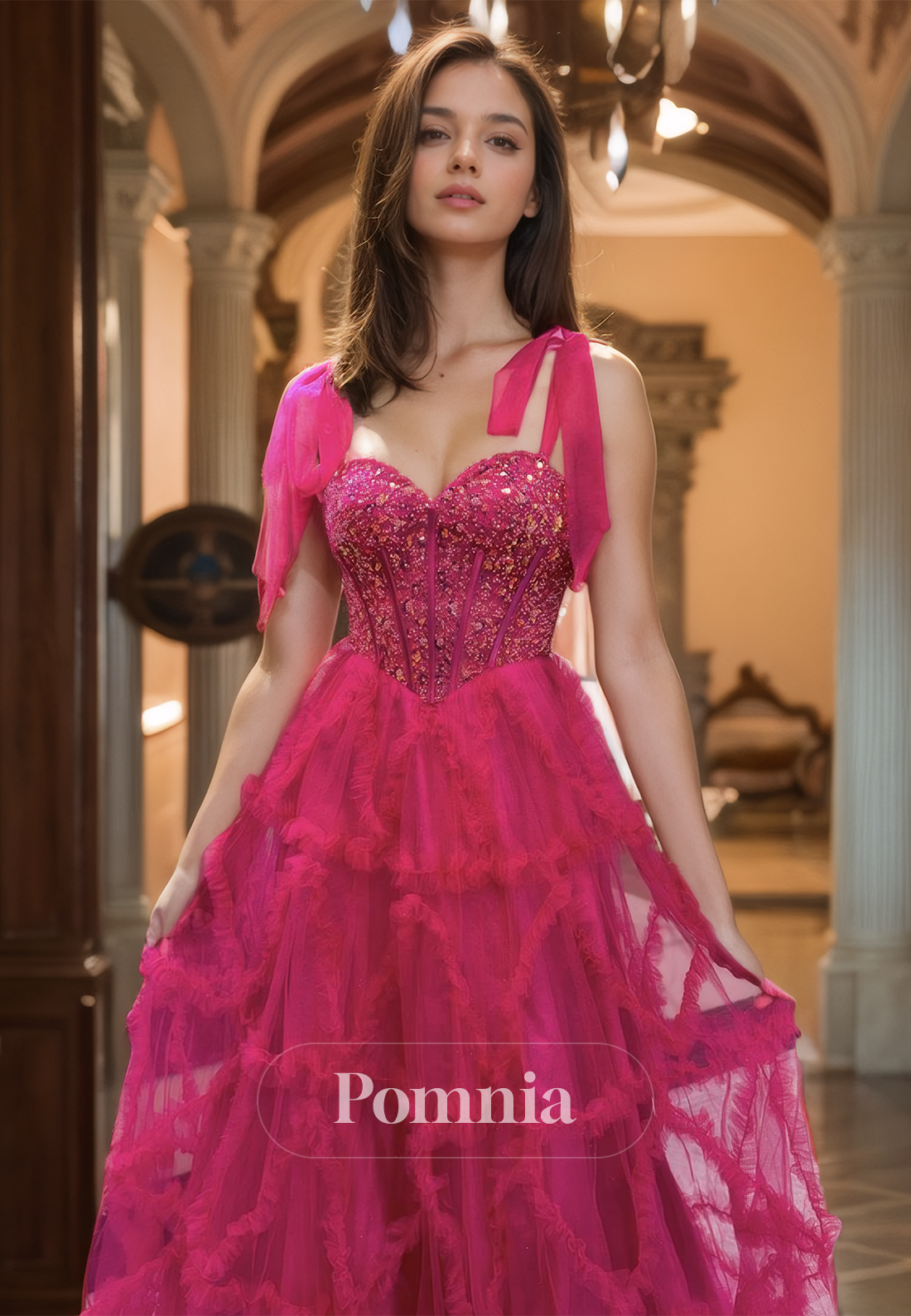 Fuchsia A-Line Spaghetti Straps Prom Dress with Train Lace-Up Back Evening Party Dress