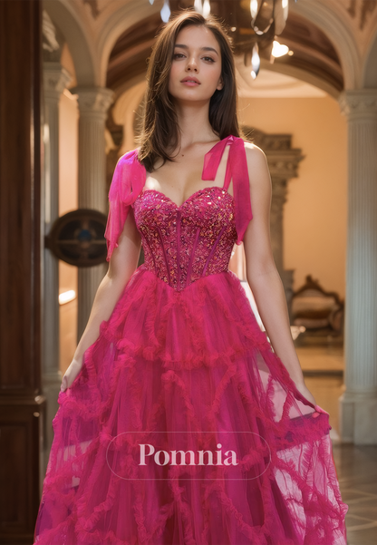 Fuchsia A-Line Spaghetti Straps Prom Dress with Train Lace-Up Back Evening Party Dress