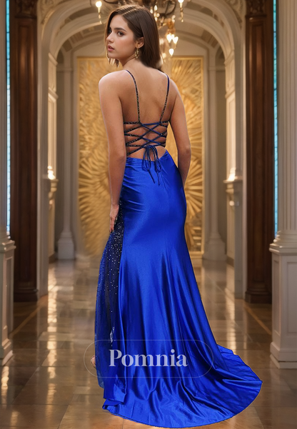 Royal Blue Spaghetti Straps V-Neck Prom Dress with Side Slit Evening Party Dress