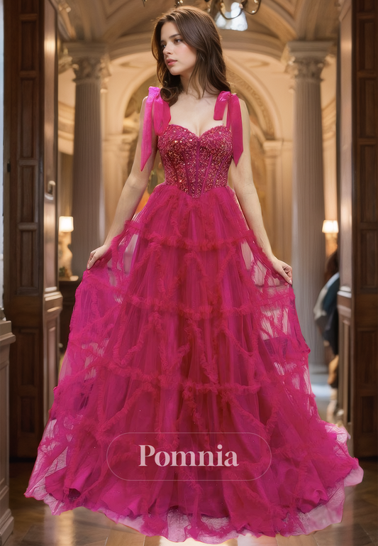 Fuchsia A-Line Spaghetti Straps Prom Dress with Train Lace-Up Back Evening Party Dress