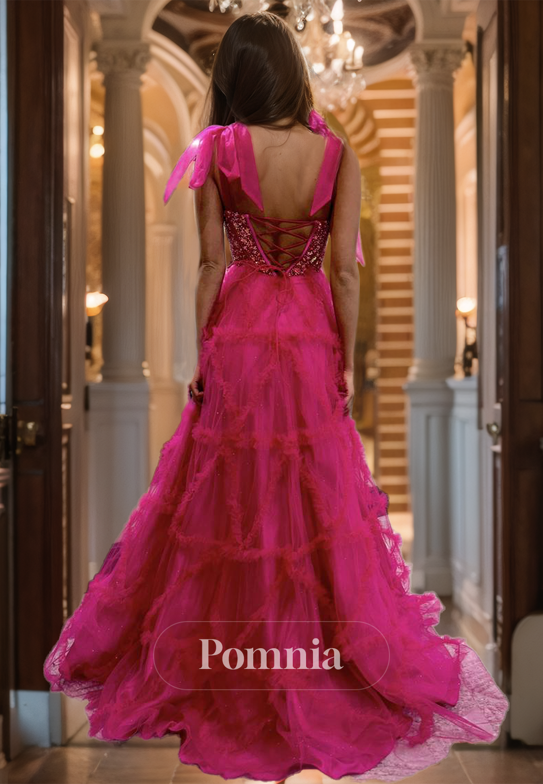 Fuchsia A-Line Spaghetti Straps Prom Dress with Train Lace-Up Back Evening Party Dress