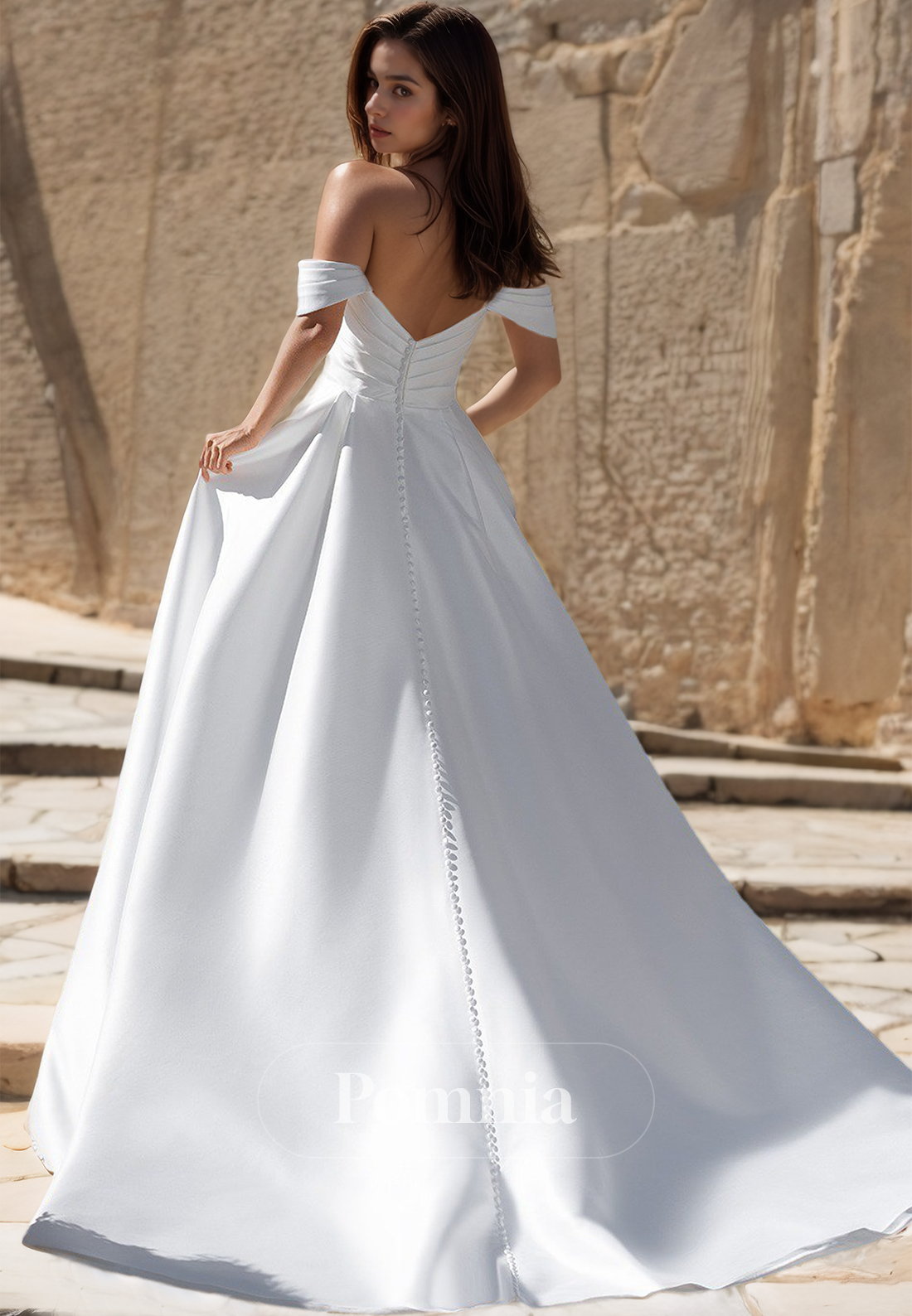 Elegant A-Line Off-Shoulder Side Slit Court Train Satin Wedding Dress