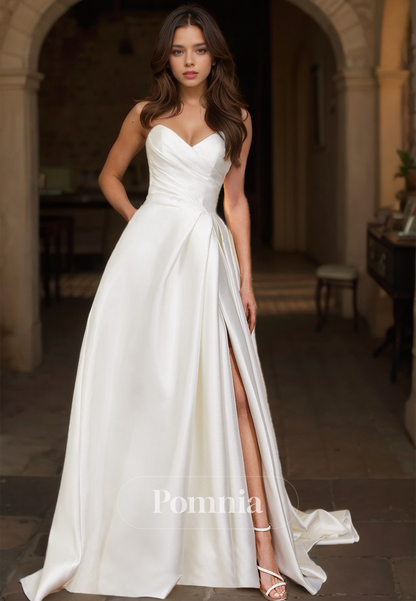 Simple A-Line Strapless Sleeveless Empire-Waist Slit Satin Wedding Dress