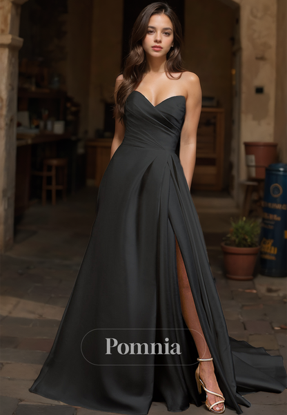 Simple A-Line Strapless Sleeveless Empire-Waist Slit Satin Wedding Dress