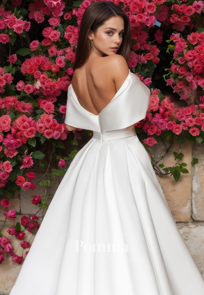 Cap Sleeves A-Line Ruched Backless Empire-Waist Satin Wedding Dress