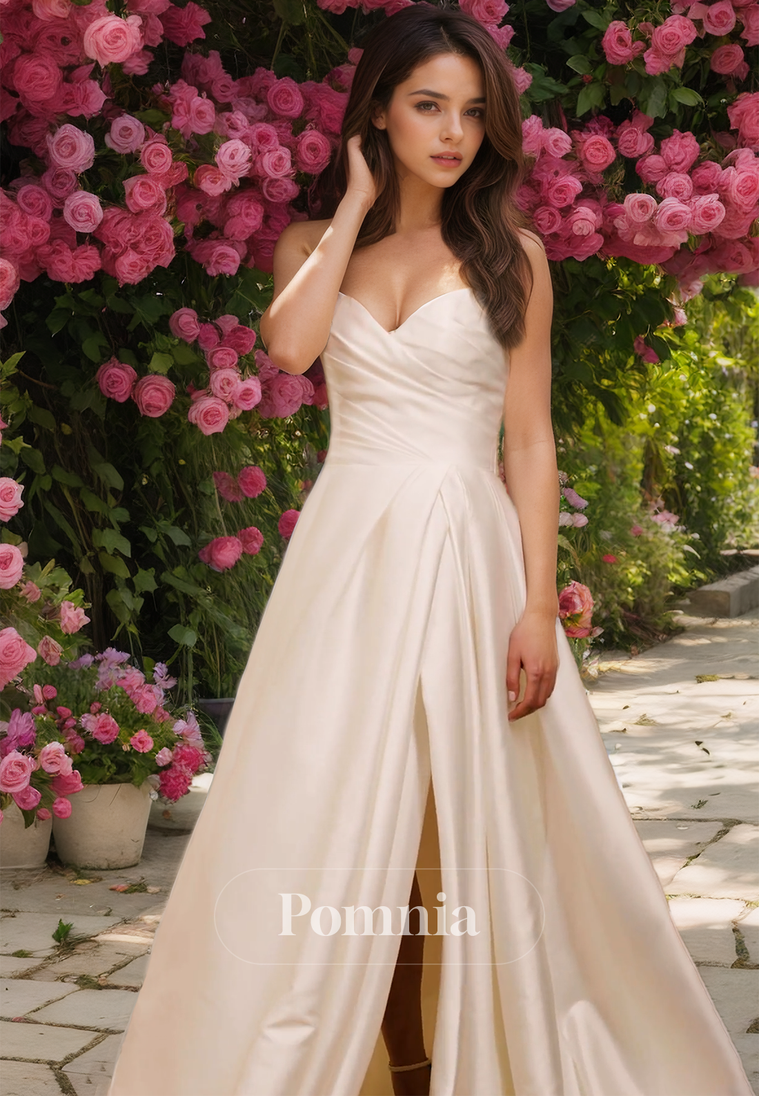 Simple A-Line Strapless Sleeveless Empire-Waist Slit Satin Wedding Dress