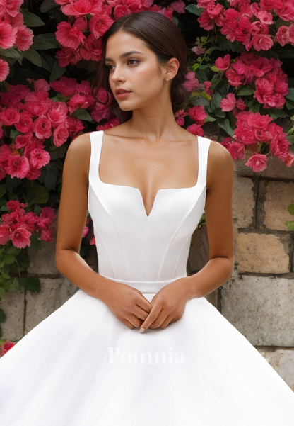 Chic A-Line Spaghetti Straps Square Corset Court Train Satin Wedding Dress