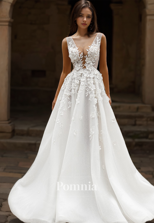 Spaghetti Straps V-Neck Floral Appliques Court Train Romantic Wedding Dress