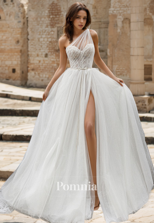 One Shoulder Sleeveless Side Slit Empire-Waist Lace Romantic Wedding Dress