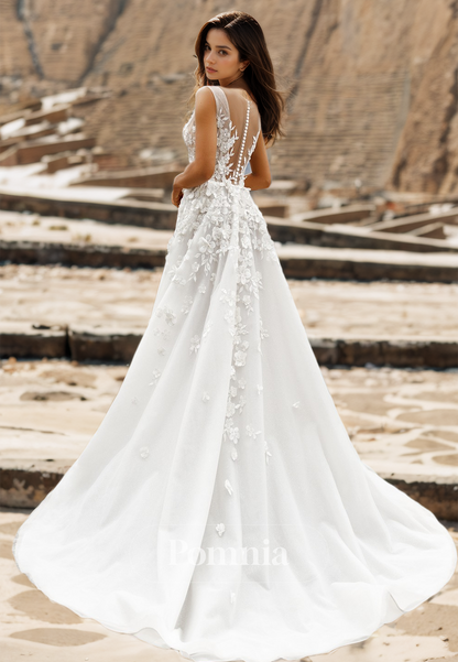 Spaghetti Straps V-Neck Floral Appliques Court Train Romantic Wedding Dress