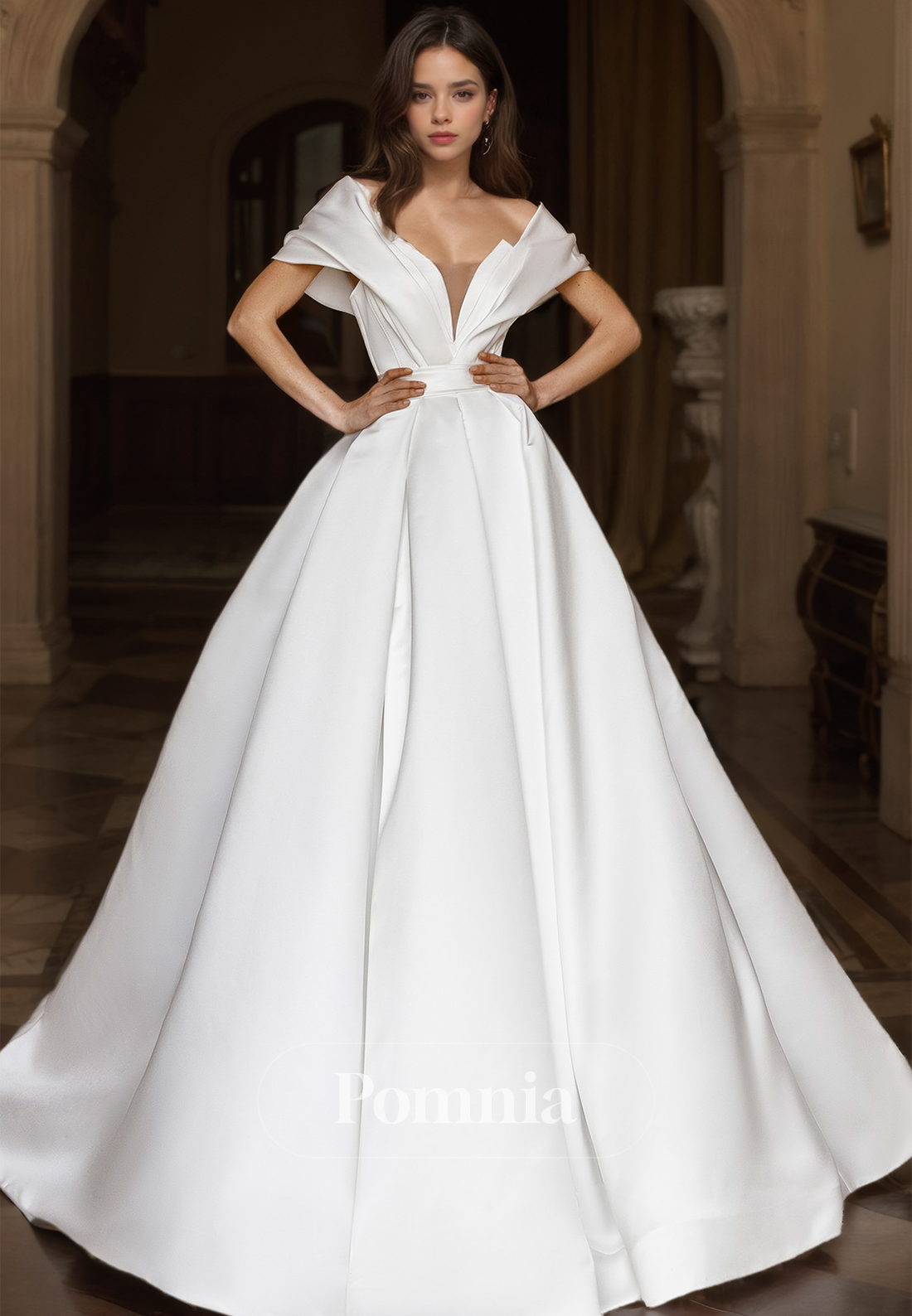 Cap Sleeves A-Line Ruched Backless Empire-Waist Satin Wedding Dress