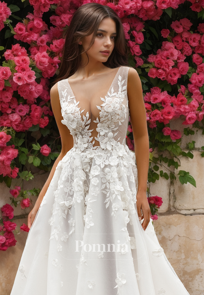 Spaghetti Straps V-Neck Floral Appliques Court Train Romantic Wedding Dress