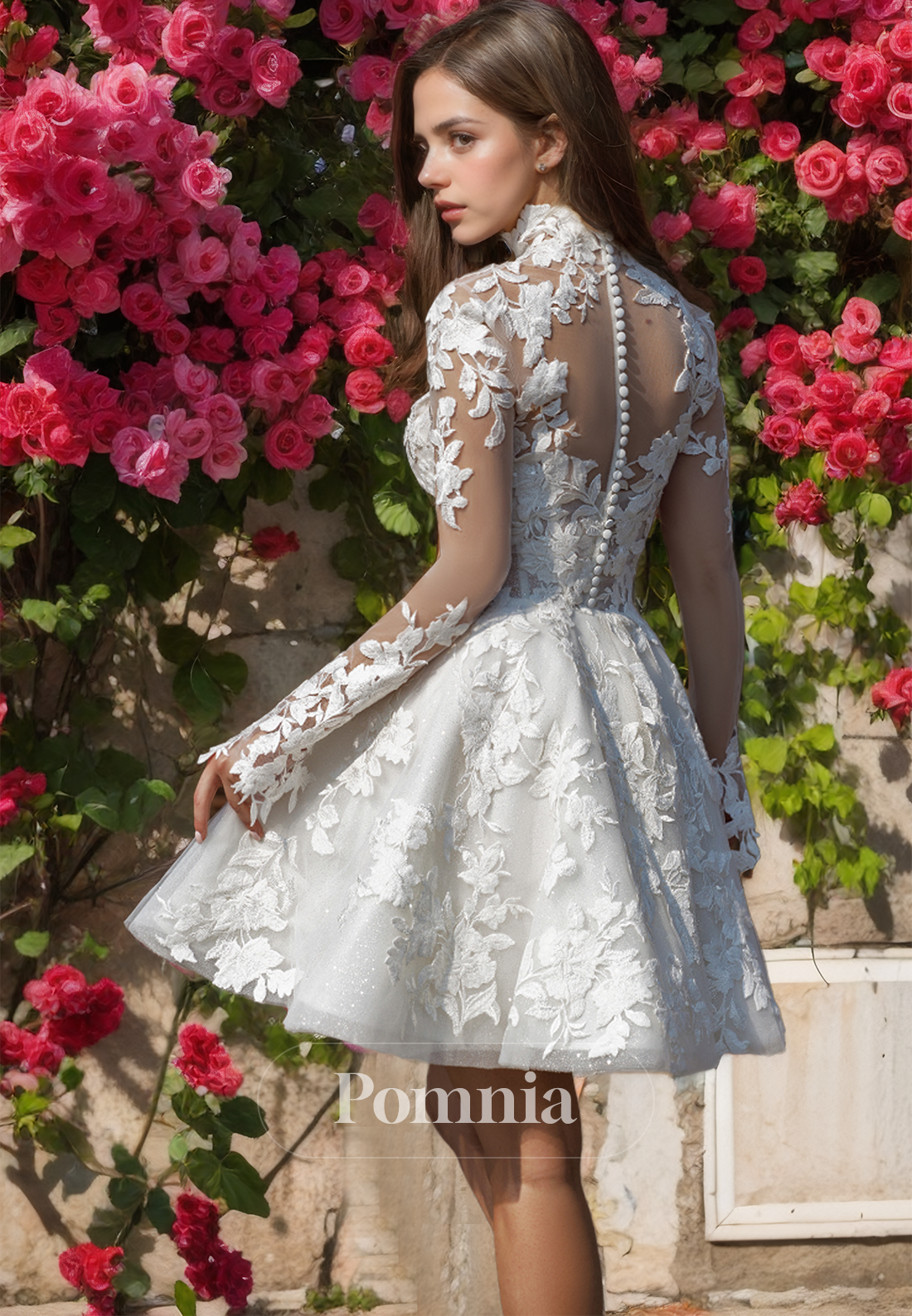 Long Sleeves High Neck Appliques Short Corset Lace Beach Wedding Dress