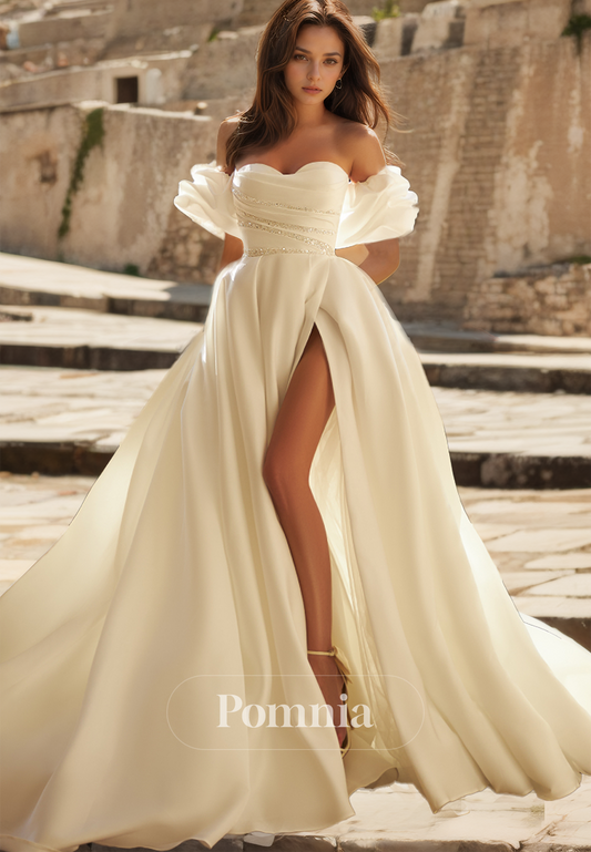 Elegant Off-Shoulder Cap Sleeves Court Train Satin Wedding Dress