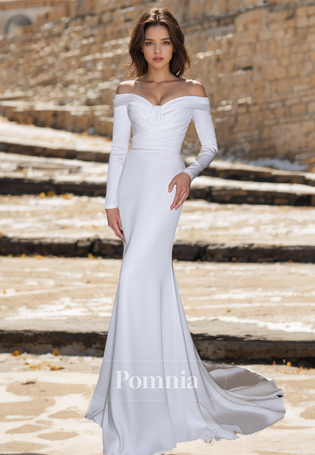 Simple Off-Shoulder Long Sleeves Sweep Train Satin Mermaid Wedding Dress