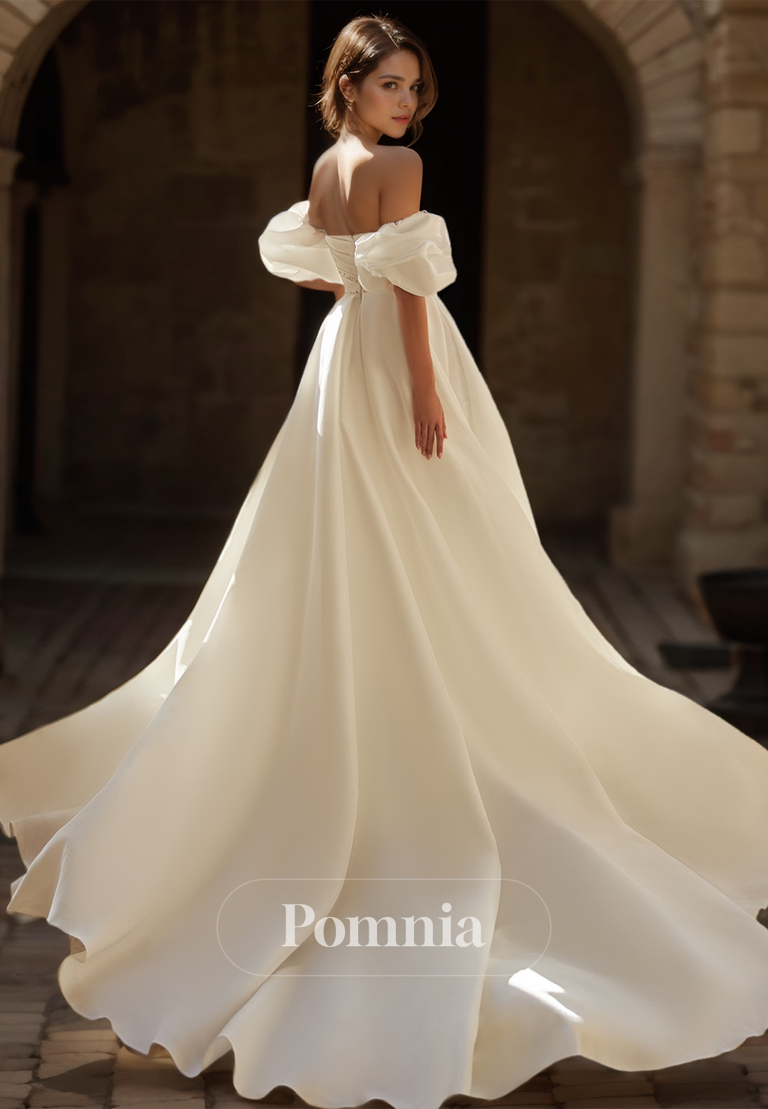 Elegant Off-Shoulder Cap Sleeves Court Train Satin Wedding Dress