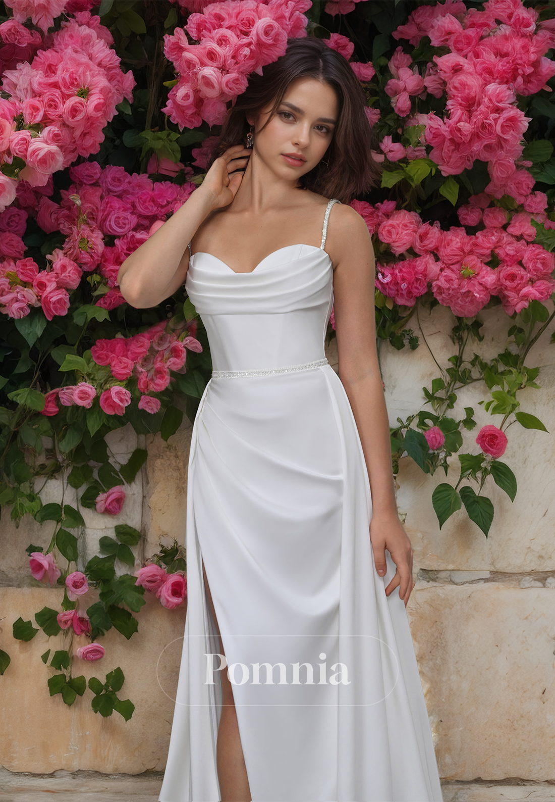 Simple Spaghetti Straps Side Slit Ruched Sweep Train Satin Wedding Dress