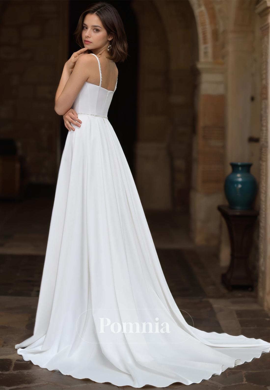 Simple Spaghetti Straps Side Slit Ruched Sweep Train Satin Wedding Dress