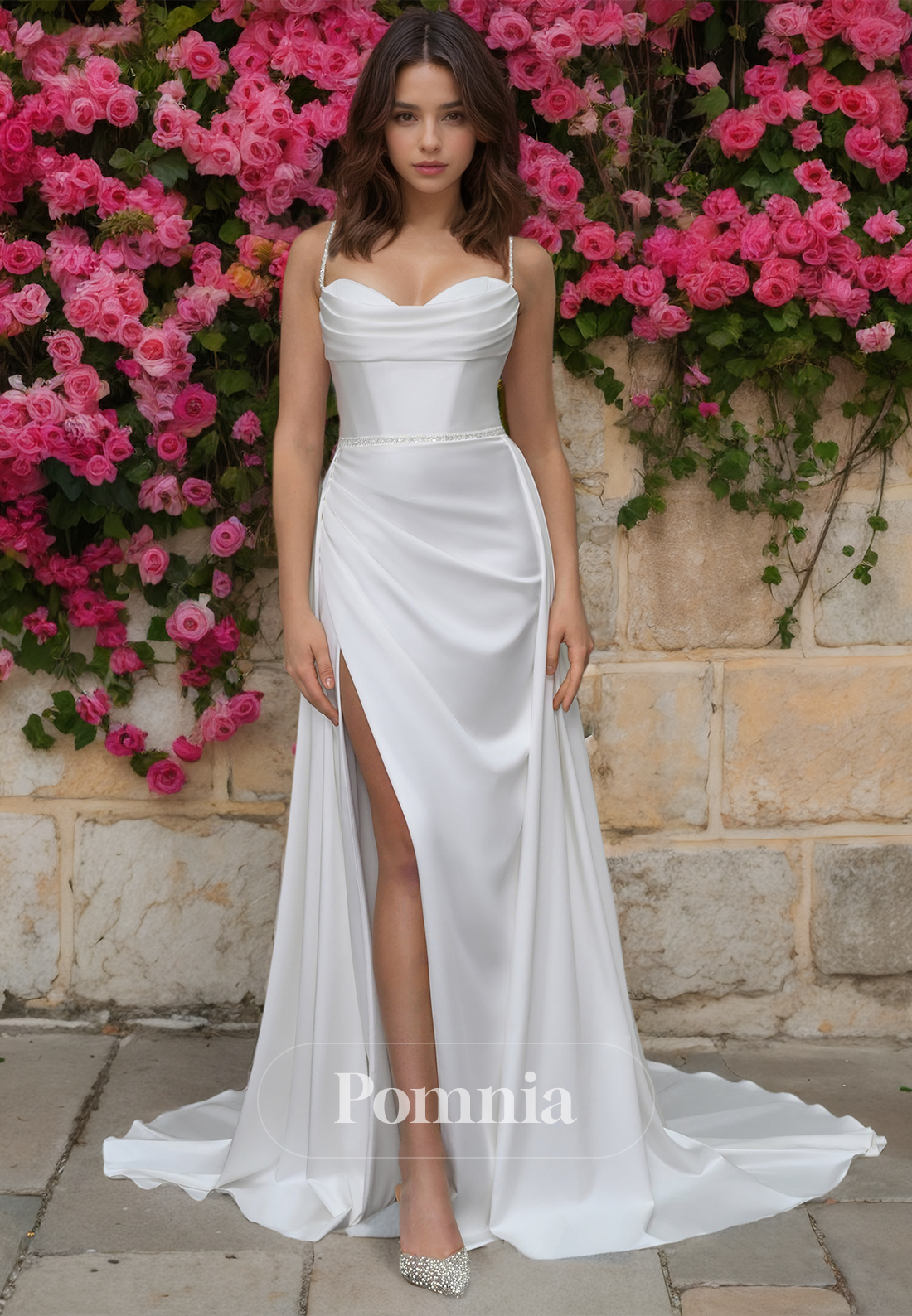 Simple Spaghetti Straps Side Slit Ruched Sweep Train Satin Wedding Dress