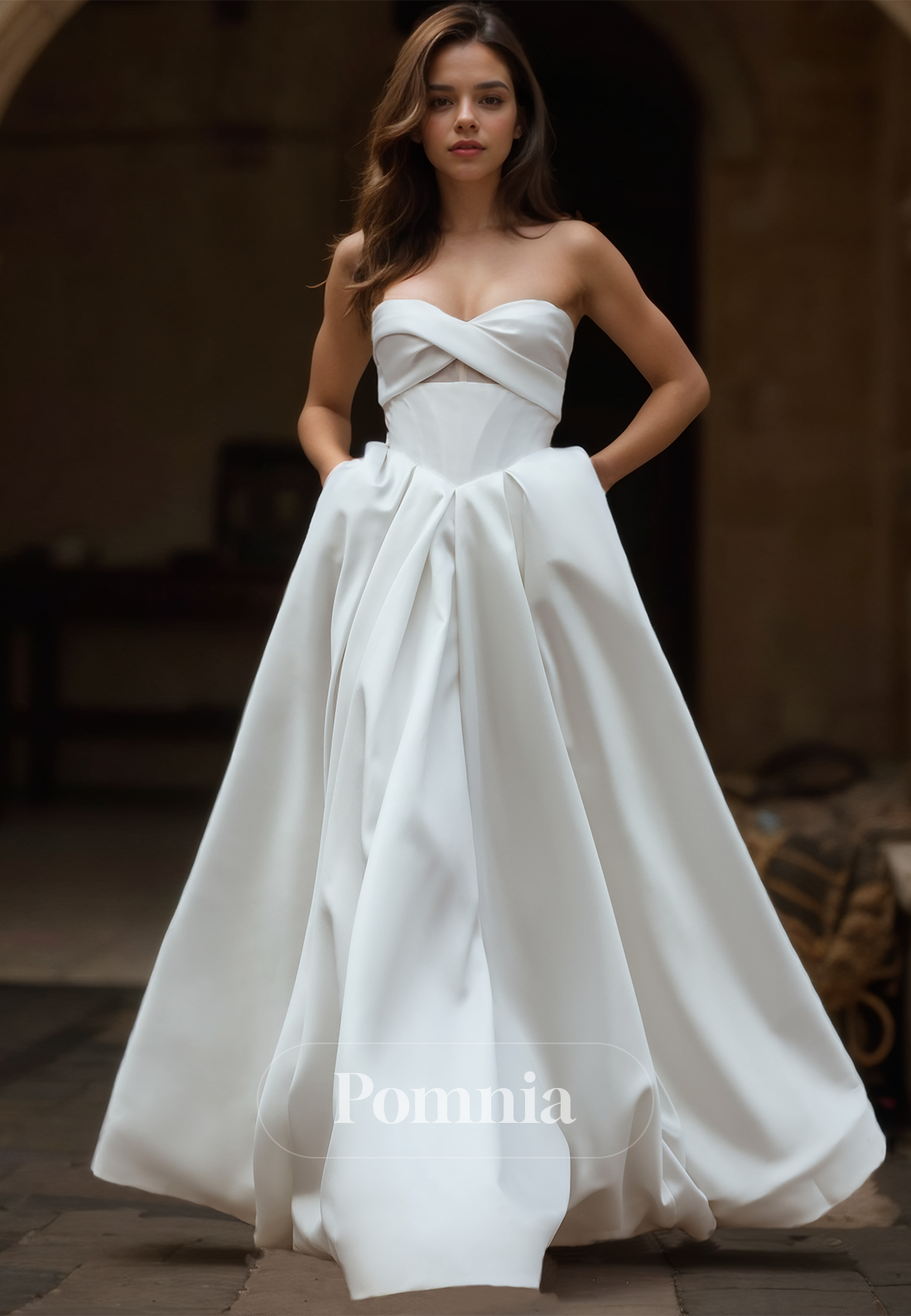 Charming A-Line Strapless Sleeveless Backless Sweep Train Satin Wedding Dress