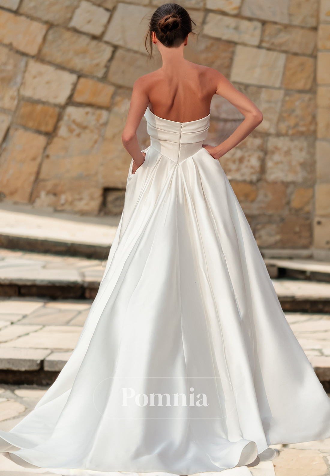 Charming A-Line Strapless Sleeveless Backless Sweep Train Satin Wedding Dress