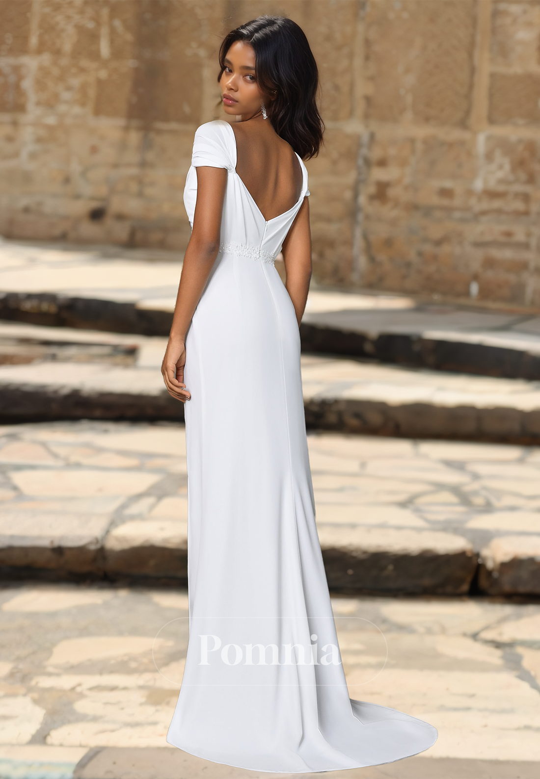 Elegant Short Sleeves Sweetheart Ruched Side Slit Backless Satin Wedding Dress