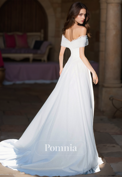 Chic A-Line Off-Shoulder Sweetheart Empire-Waist Ruched Satin Wedding Dress