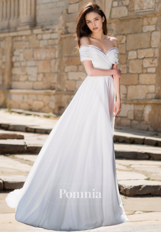 Chic A-Line Off-Shoulder Sweetheart Empire-Waist Ruched Satin Wedding Dress