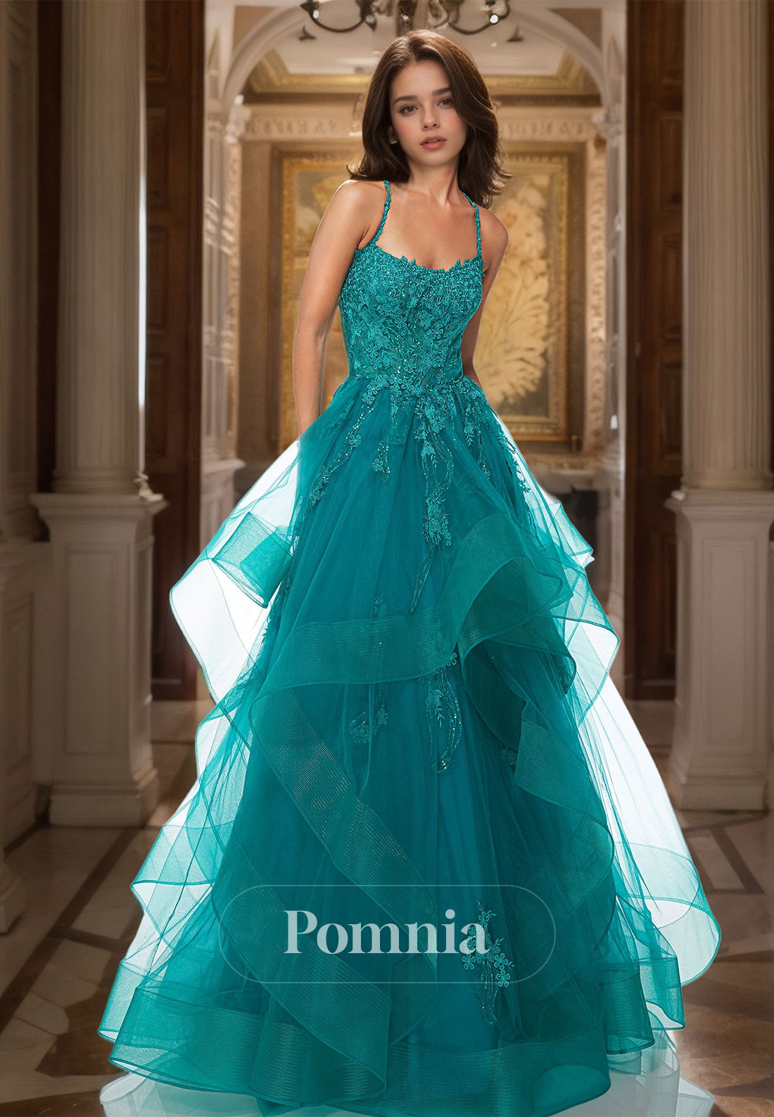 A-Line Spaghetti Straps Prom Dress with Ruffles Tiered Appliques Evening Party Dress