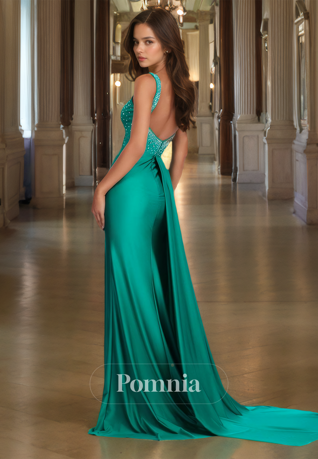 Spaghetti Straps V-Neck Prom Dress with Slit Beads Floor-Length Evening Party Dress