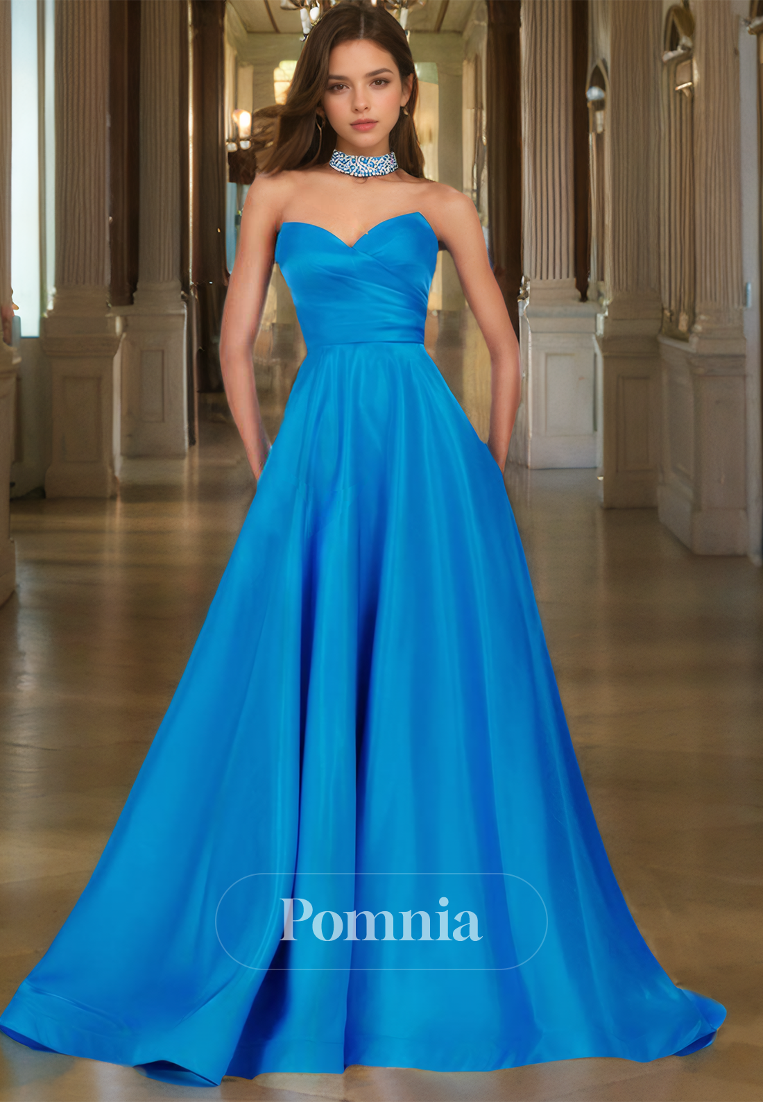 A-Line Strapless Sleeveless Prom Dress with Train Empire-Waist Evening Party Dress